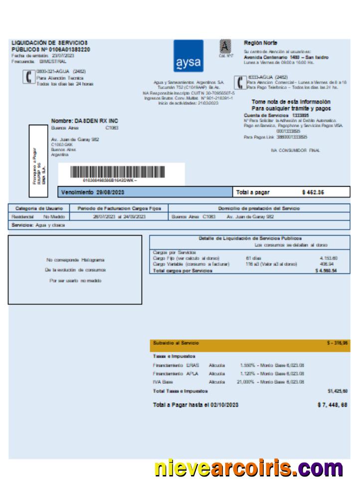 Argentina Water Business Utility Bill SCR Sample