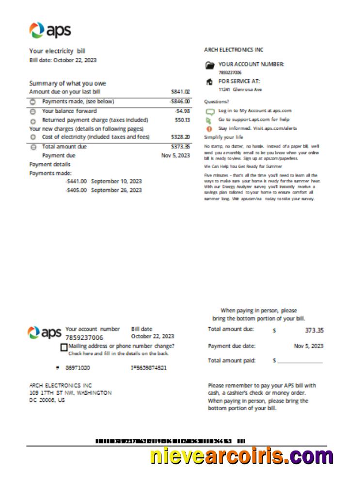 Arizona APS Electricity Proof Of Address Utility Business Bill SCR Photolook