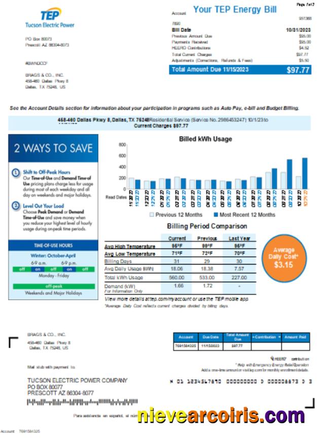 Arizona Tucson Electric Power (TEP) Utility Bill, Page 1 SCR Sample
