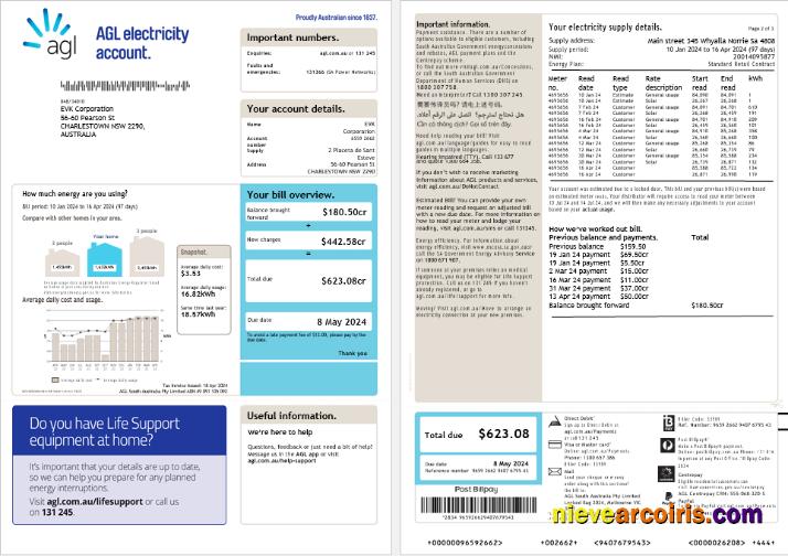 Australia AGL Electricity Account Energy Business Utility Bill, 3 Pages, Version 2 Sample
