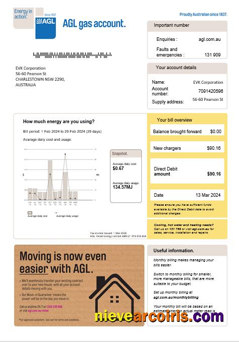 Editable Australia AGL Gas Business Utility Bill Word And PDF Template, Version 2