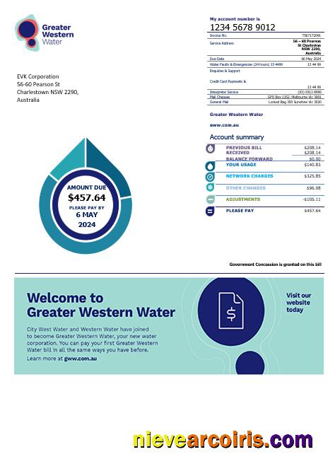 Editable Australia Greater Western Water Business Utility Bill Template In