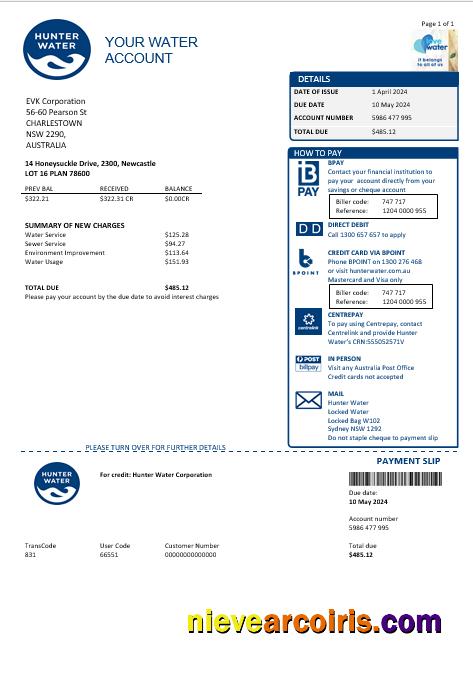 Premium Australia Hunter Water Business Utility Bill Template In Word And PDF Format