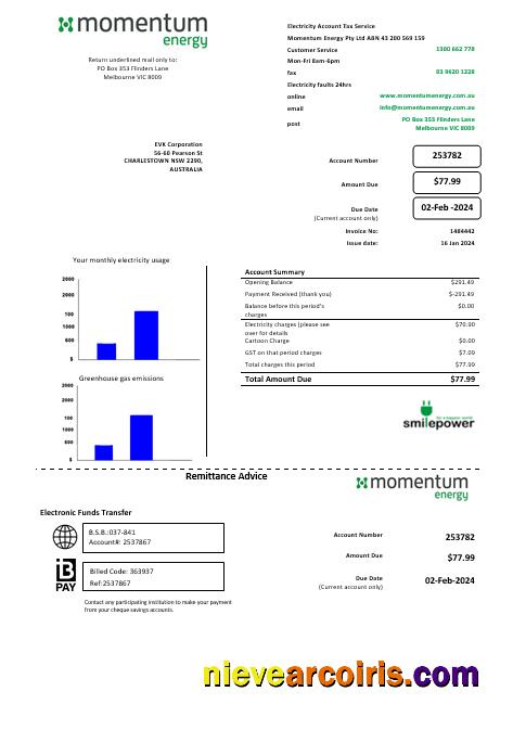 Editable Australia Momentum Energy Business Utility Bill Template In Word And PDF Format