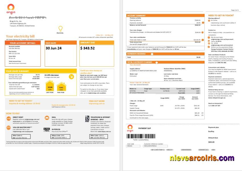 Editable Australia New South Wales (NSW) Origin Electricity Business Utility Bill Template In Word And PDF Forma 1 2 Pages