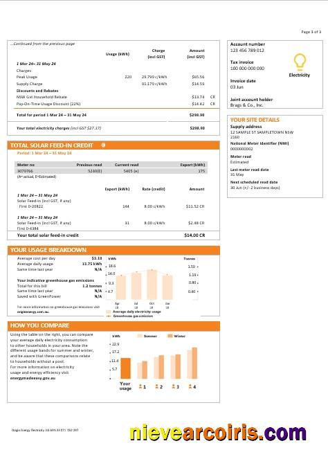 Professional Australia New South Wales (NSW) Origin Electricity Business Utility Bill Template In Word And PDF Forma 3pages