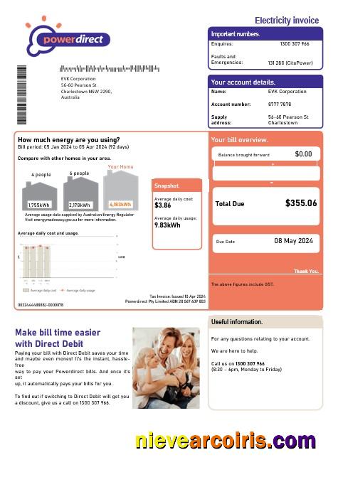 Editable Australia Powerdirect Electricity Business Utility Bill Template In Word And PDF Format