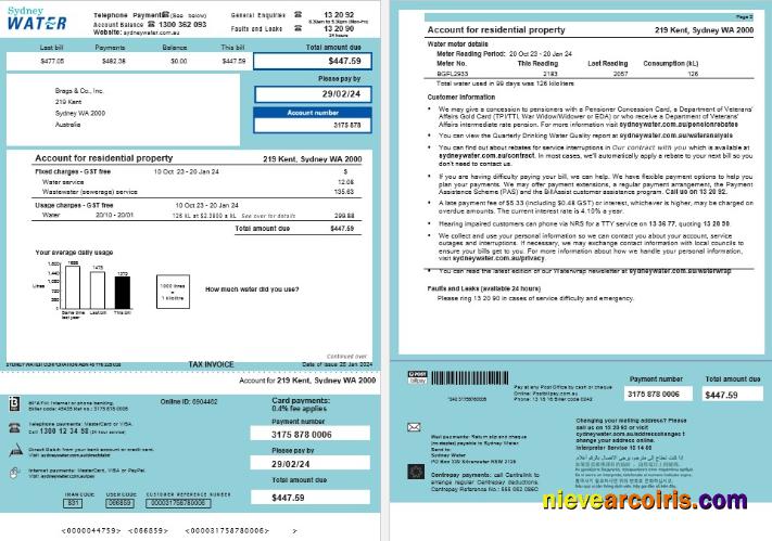 Professional Australia Sydney Water Business Utility Bill, Word And PDF Template, 2 Pages