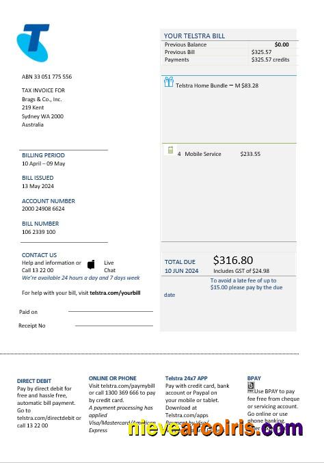 Realistic Australia Telstra Telecommunications Business Utility Bill Template In Word And PDF Format