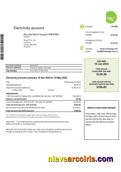 Professional Australia Tru Energy Electricity Business Utility Bill Template In Word And PDF Format
