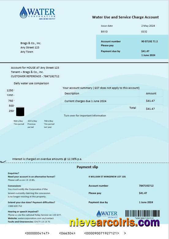 Australia Water Corporation WA Business Utility Bill Word And Pdf. Doc Template