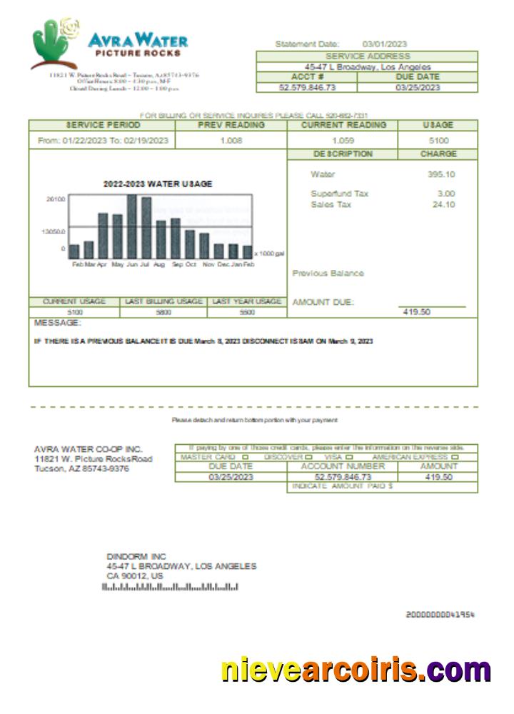Avra Water Co Op Utility Business Bill, SCR Sample