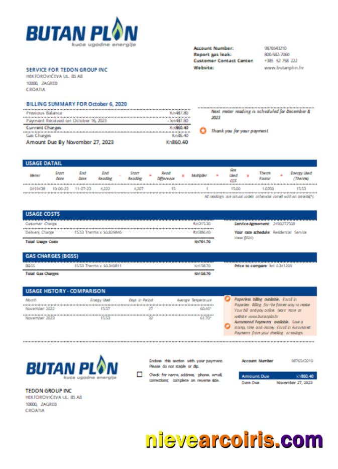 BUTAN PLIN D.o.o. Gas Utility Business Bill, SCR Sample