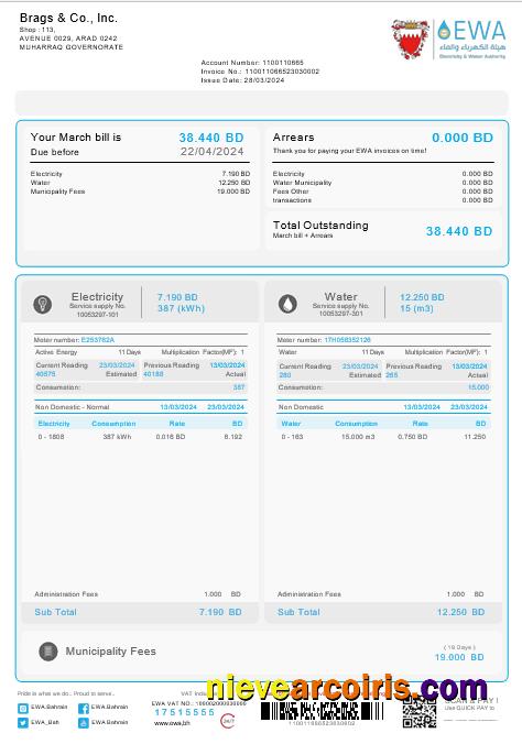 Premium Bahrain EWA Business Utility Bill Word And PDF Template
