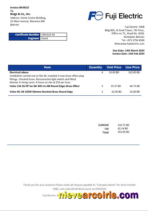 Editable Bahrain Falcon Electrical S.P.C Electricity Business Utility Bill Template In Word And PDF Format