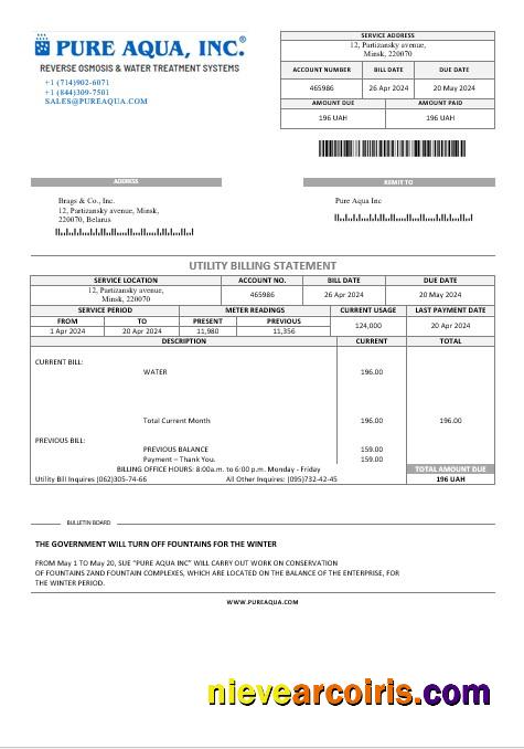 Editable Belarus Pure Aqua Inc Business Utility Bill Word And PDF Template