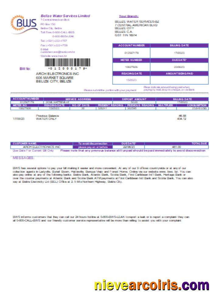 Belize Water Services Limited Utility Business Bill, SCR Sample