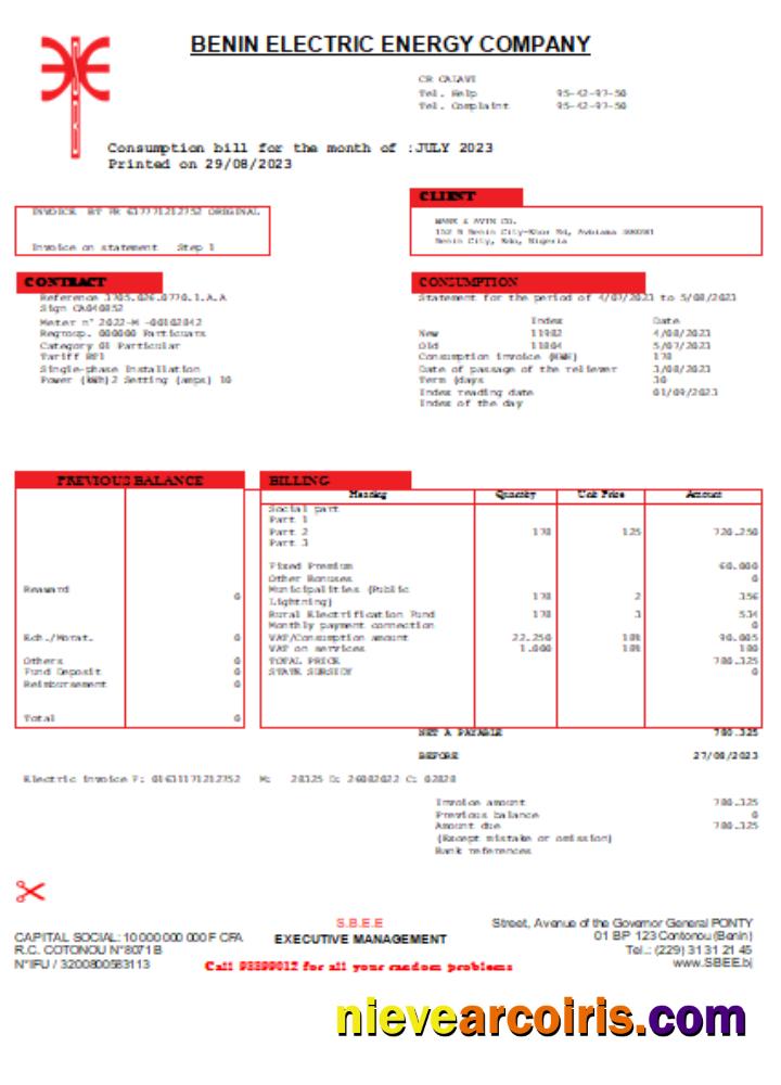 Benin Electricity Distribution Company Plc. Utility Business Bill SCR Template
