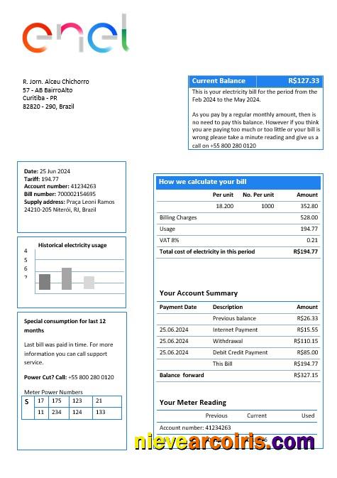 Realistic Brazil ENEL Electricity Business Utility Bill Template In Word And PDF Format
