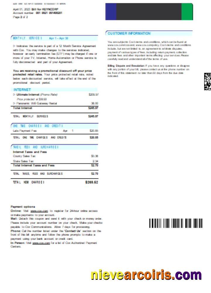COX Digital Cable Television Utility Business Bill, Page 2, SCR Photolook