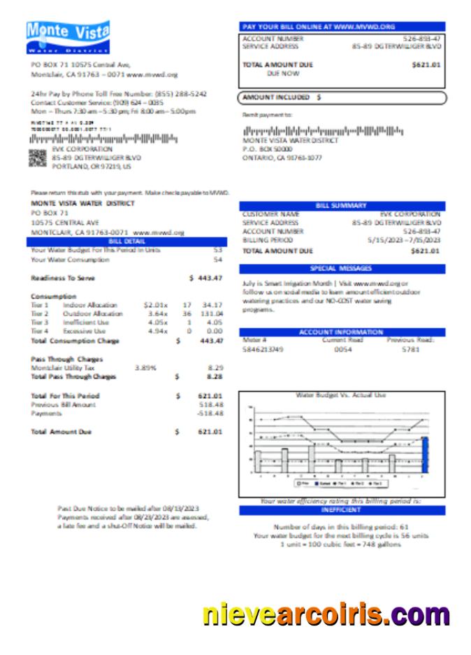 California Monte Vista Water District Utility Business Bill, SCR Sample