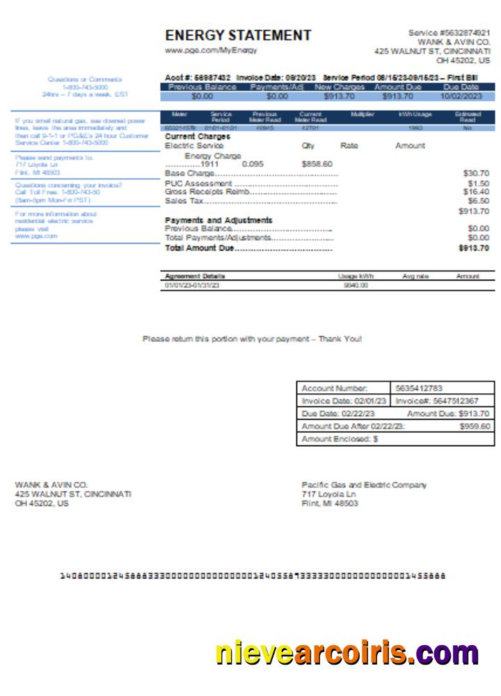 California PG&E (Pacific Gas And Electric Company) Utility Business Bill SCR Template