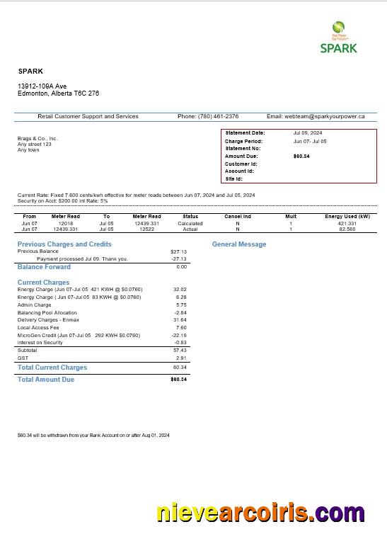 Professional Canada Alberta Spark Business Utility Bill Template In Word And Pdf Formats