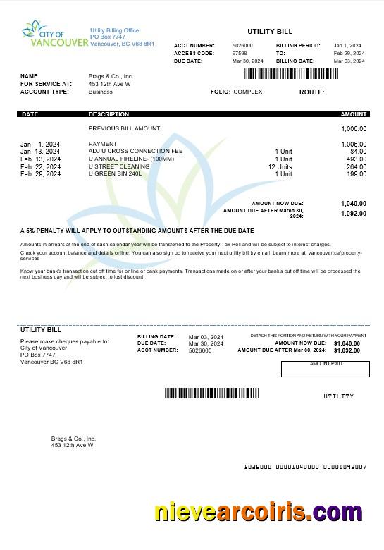 Canada British Columbia City Of Vancouver Business Utility Bill Preview