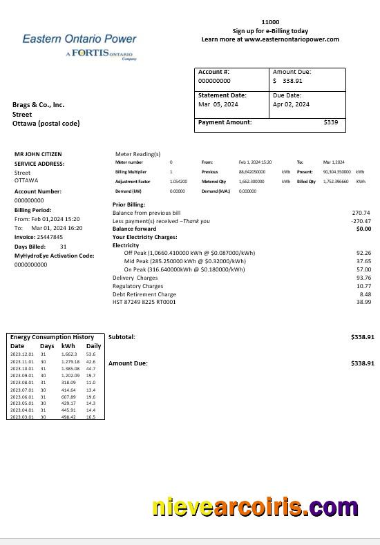 Editable Canada Eastern Ontario Power Business Utility Bill Template In Word And Pdf Formats