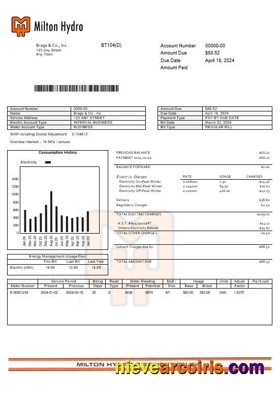 Canada Milton Hydro Electricitybusiness Utility Bill Word And PDF Formats Sample