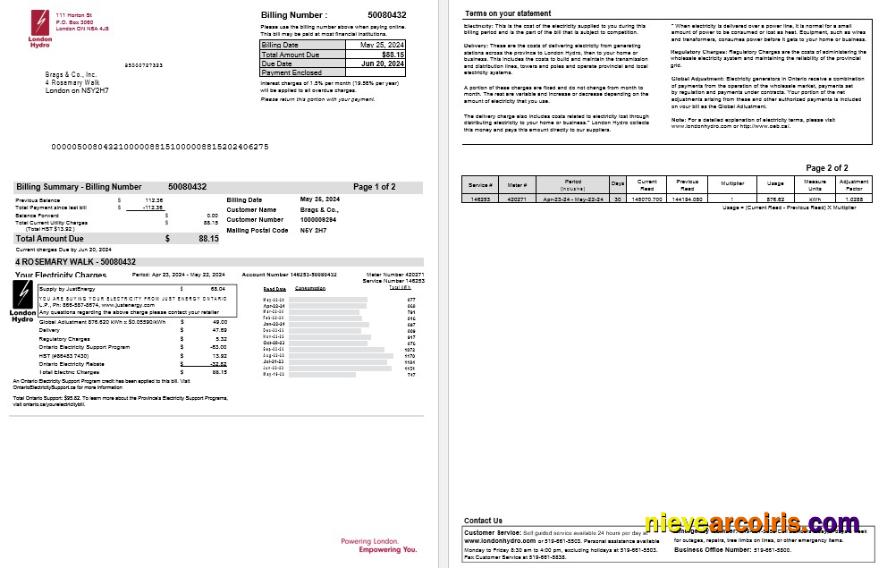 Premium Canada Ontario London Hydro Business Utility Bill Word And PDF Template