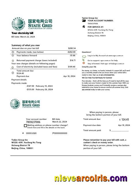 China State Grid Corporation Of China Electricity Business Utility Bill In Word And Pdf Formats Sample