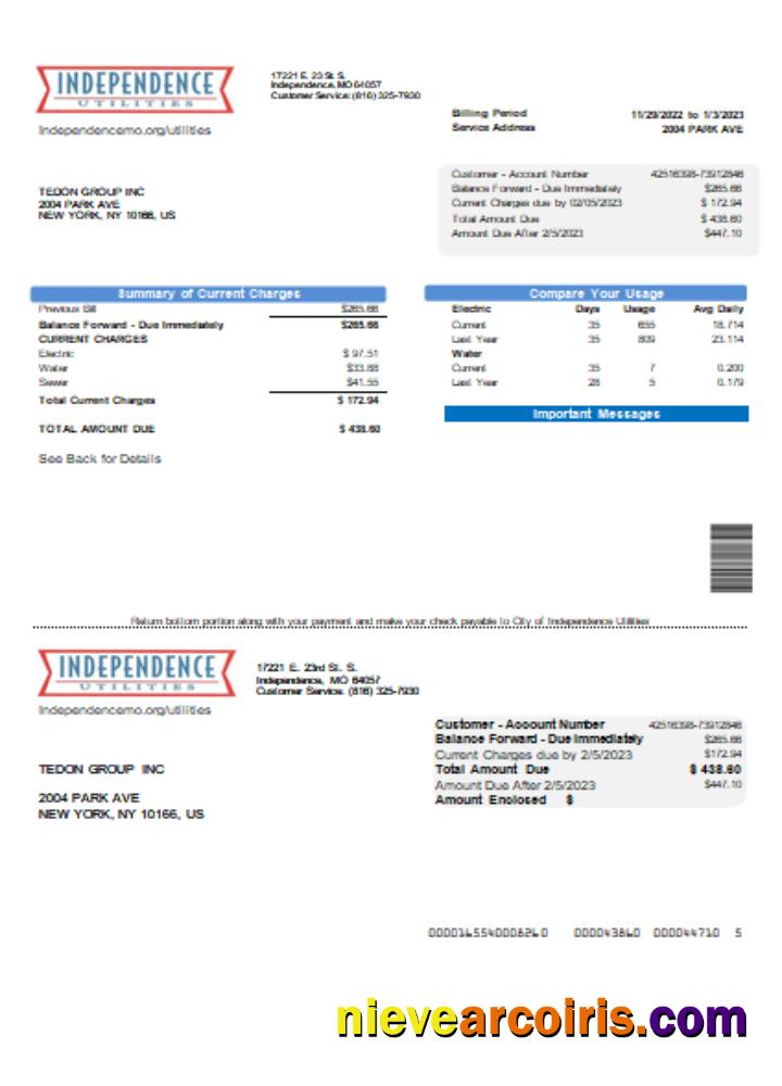 City Of Independence Utilities Center (IUC) Utility Business Bill, SCR Sample