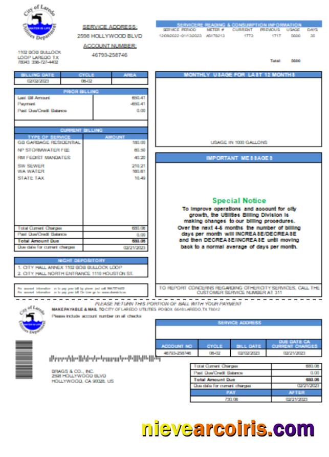 City Of Laredo Utilities Department Water Utility Business Bill, SCR Sample