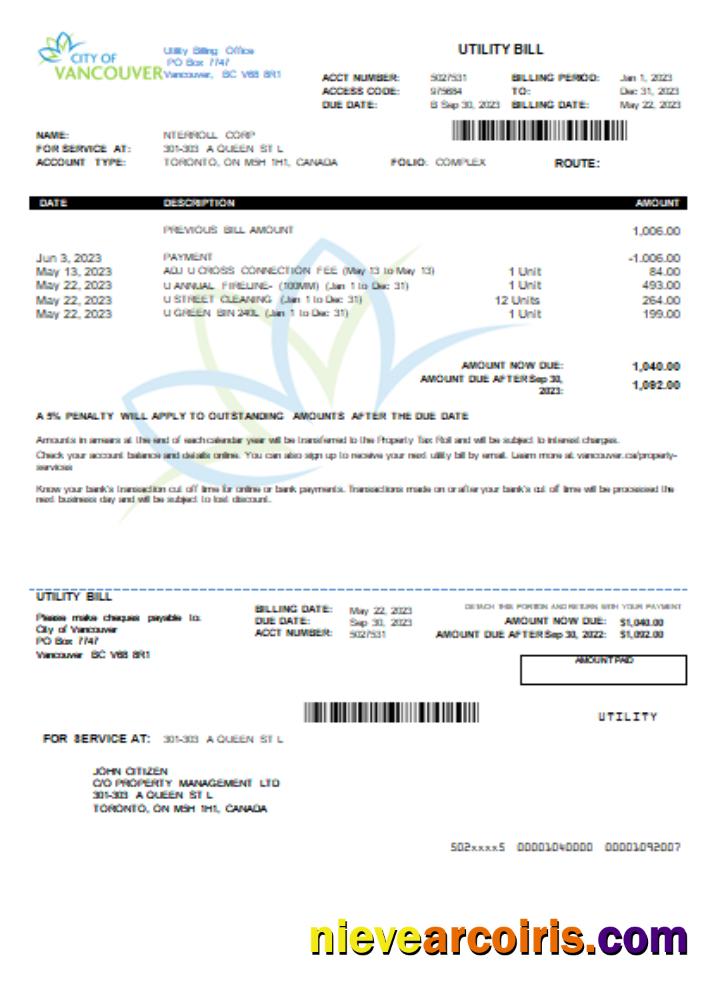 City Of Vancouver Utility Business Bill, SCR Template