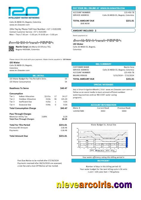 Realistic Colombia I2O Water Business Utility Bill Template In Word And PDF Formats