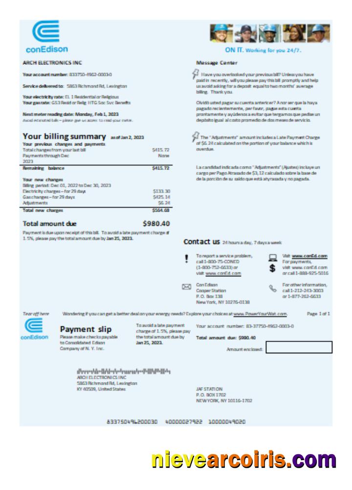 Con Edison Electricity Utility Business Bill SCR Template