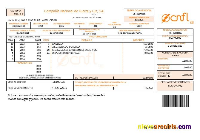 Costa Rica Compania Nacional De Fuerza Y Luz, S A CNFL Business Utility Bill In Word And Pdf Formats Preview