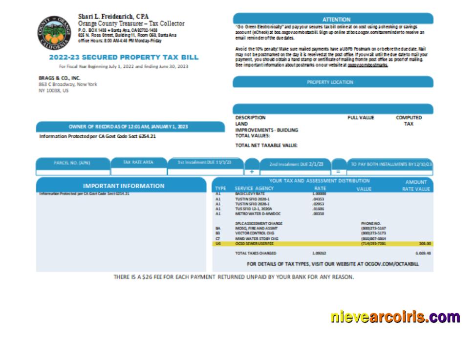 County Of Orange California Property Tax Business Bill, SCR Sample
