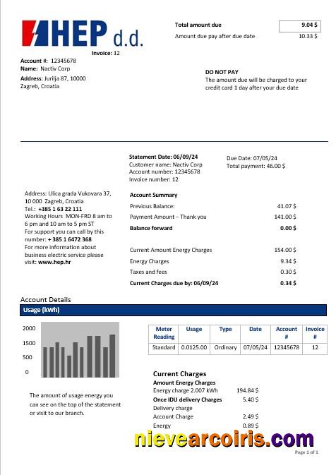 Croatia Hrvatska Elektroprivreda Electricity Business Utility Bill Inword And Pdf Formats(2) Preview