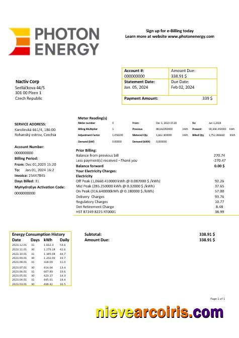 Realistic Czech Republic Photon Energy Business Utility Bill Template In Word And Pdf Formats