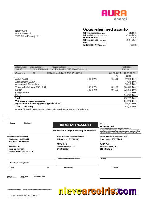 Professional Denmark AURA Energi Business Utility Bill Template In Word And PDF Formats