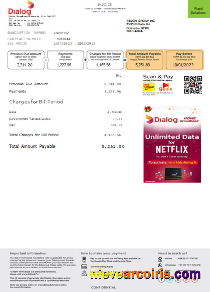 Dialog Utility Business Bill, Page 1, SCR Sample