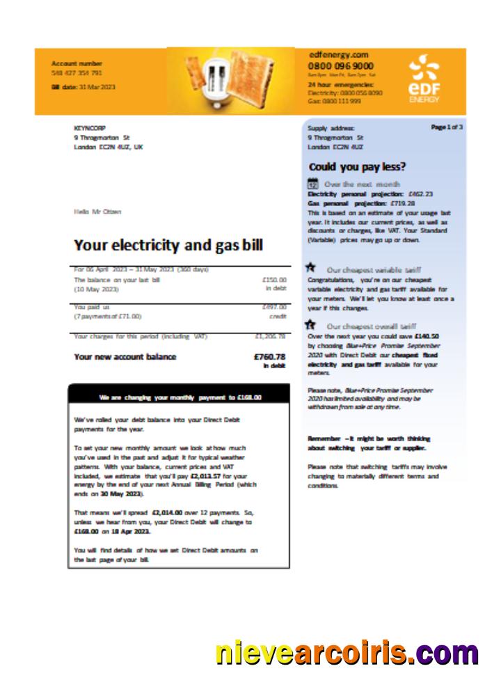 EDF (UK) Utility Business Bill SCR Page 1 Sample