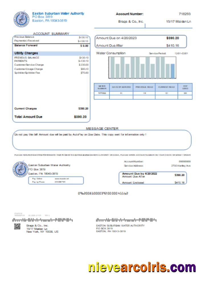 Easton Suburban Water Authority Utility Business Bill, SCR Sample