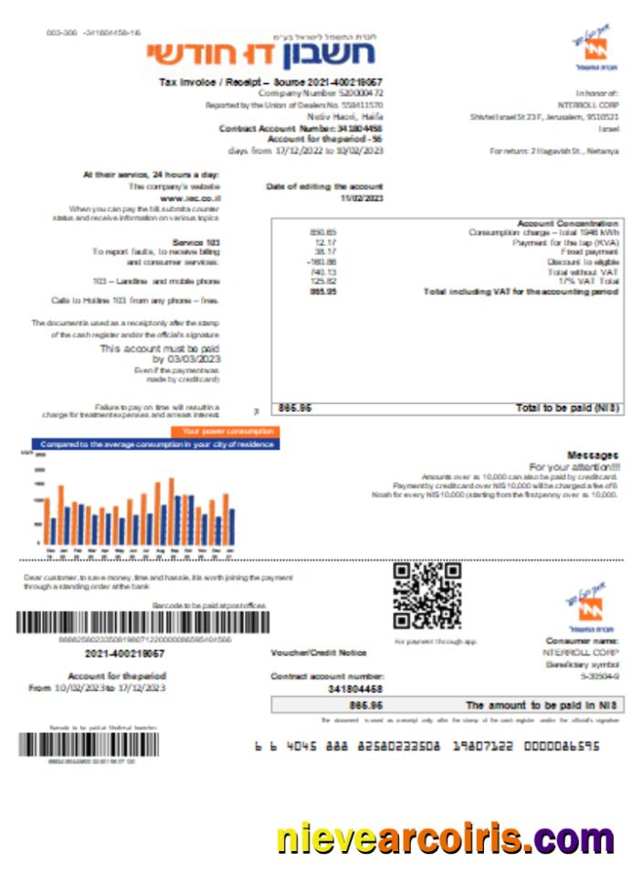 Electric Corporation Utility Business Bill In Hebrew SCR Sample