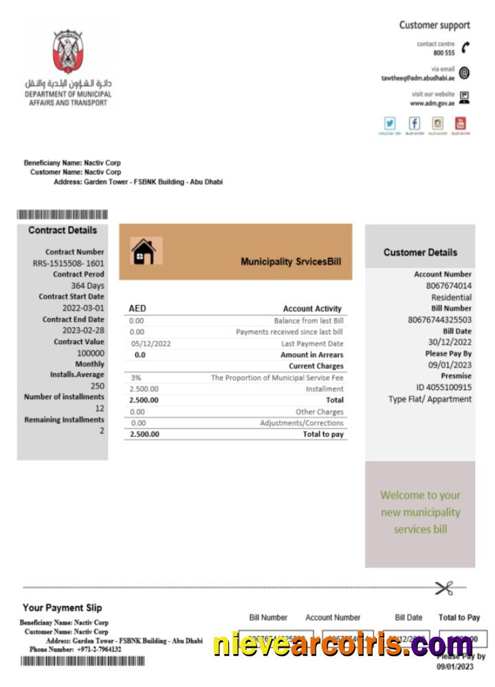 Emirates Abu Dhabi Municipality Service Utility Business Bill SCR Preview