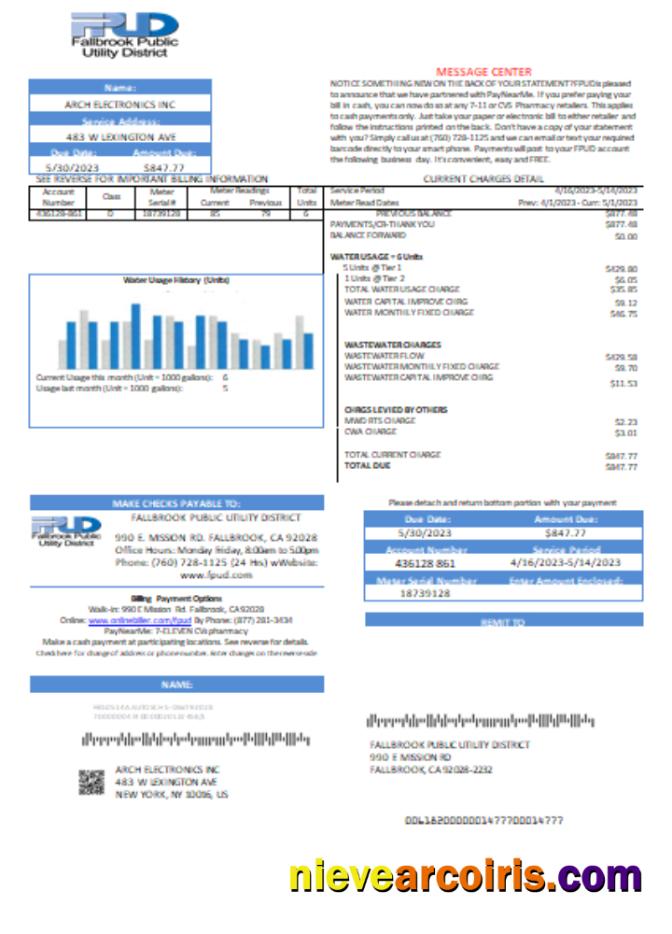 Fallbrook Public Utility District Utility Business Bill, SCR Sample