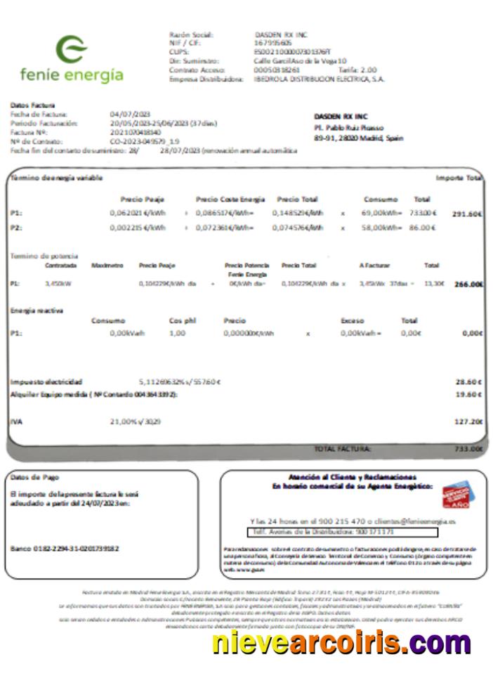 Feníe Energía Utility Business Bill, SCR Sample