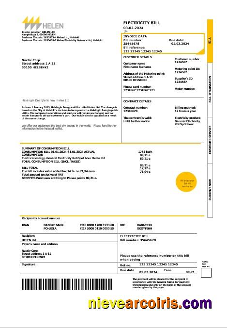 Professional Finland HELEN Business Utility Bill Template In Word And PDF Formats